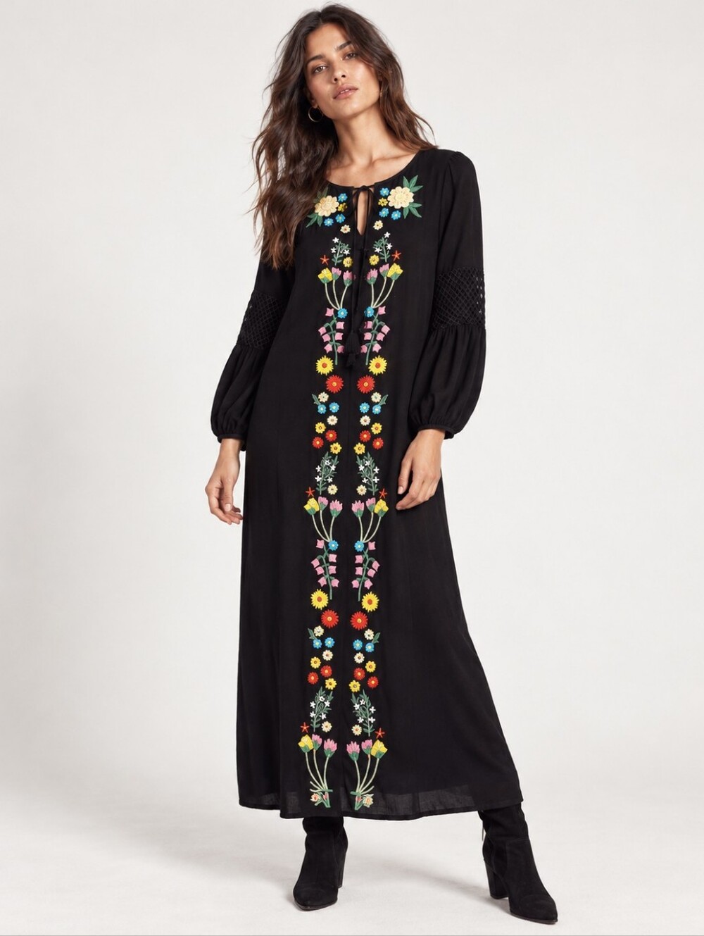Zara Boho Black Embroidered Dress Floral Tassel Tie Kaftan Maxi Dress SZ Small